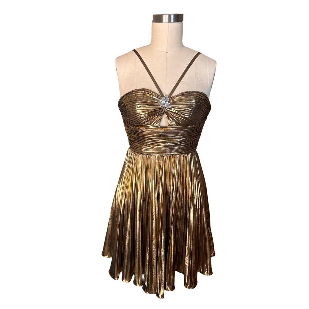 Pleated Metallic Stacees Cocktail Dress US2 Gold